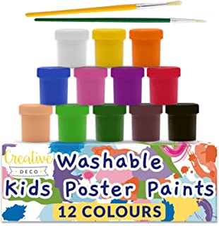 Creative Deco Washable Kids Poster Paint Set | 20 ml x 12 Pots | Children Toddlers Finger Paints | Basic, Vibrant, Pigmented & Intense Colours | Safe & Non-Toxic | Quick Drying & Matte Finish