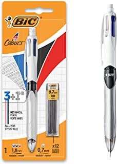 BIC 4 Colours Multifunctional Ballpoint Pen and HB Pencil Set with Built in Eraser, Set of 1 with 12 Refills