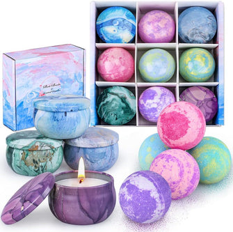 OFUN Bath Bombs & Scented Candles Gift Set, Large Bombs for Women Gifts, Spa Gift Idea for Girls, Friends, Kids Girlfriends Mum Mother's Day Birthday  5 Bubble Balls & 4 Organic Soy Candles