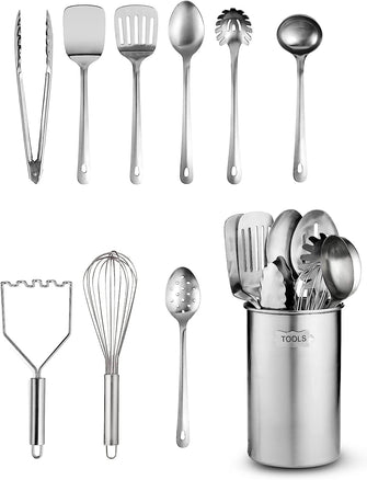 FineDine Kitchen Utensils Set - 10-Piece, Stainless-Steel Cooking Utensils w/Spoons, Whisk, Spatula, Tongs, Ladle, Masher & Cooking Utensils Holder - Kitchen Accessories, Gadgets and Tools