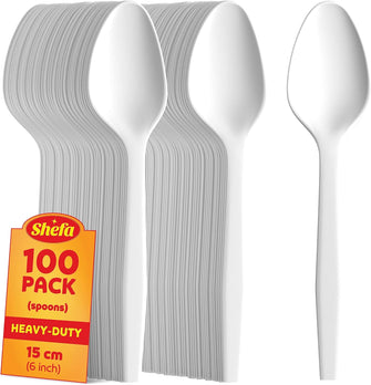 Shefa Pack of 100 Classic Plastic Spoons, Heavy Duty Spoons, Microwave-Safe Tablefork, 5.7" Long for Birthday, Parties, Camping, (100 Spoons Pack)