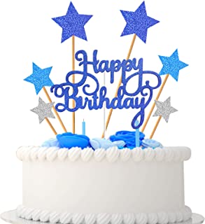 VAINECHAY Birthday Cake Decorations Happy Birthday Cake Toppers for Boy Men Girl Women Kids Blue Star Cupcake Decoration Baby Shower Party Silver