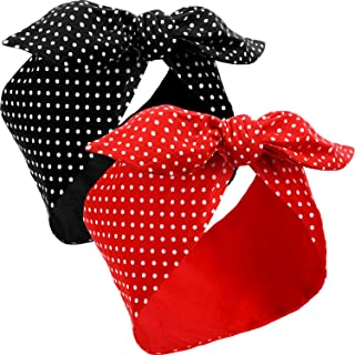 Hicarer, 2 Pieces Head Scarf Bandana Headband, for Women, Cotton, for Retro 1940s Red Black Boho Bow Vintage Rabbit Ear, Girls Hair Accessories (Lovely Dot)