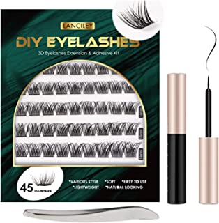 Lanciley Individual Lashes 45 Clusters Lashes CC Curl DIY Eyelash Extension Kit at Home for Make-up Beginner False Eyelashes with Eyelash Glue Tweezers 10/12/14/15/16mm Easy to Use - Fluffy Style