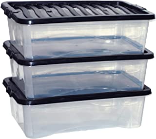 32L 32 Litre Large Big Plastic Storage Clear Box Strong Stackable Container & Lids - Set of 3 Boxes