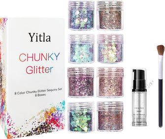 Yitla 8 Color face Glitter Cosmetic Glitter, for Body, Cheeks and Hair, Festival and Party Beauty Makeup - Includes Long Lasting Fix Gel and Brush