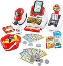 deAO Kids, Toy Till Cash Register with Scanner, Credit Card,Play Food,Money and Groceries Shopping Basket for Boys and Girls, Multicoloured