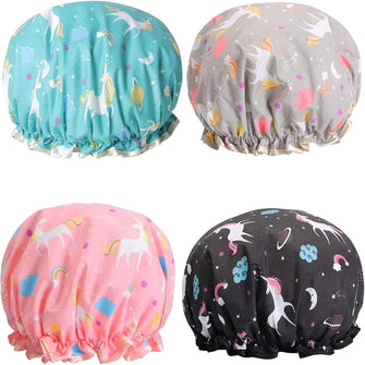 Phoetya 4 Pack Unicorn Shower Caps, Double Layer Waterproof Shower Hat Reusable Elastic Band Bath Caps Perfect for Women and Girls Shower Spa