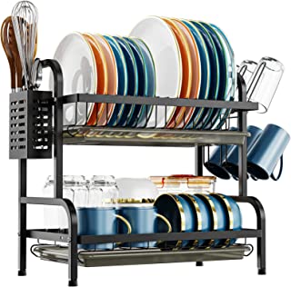 Dish Drying Rack, iSPECLE 2 Tier Dish Rack with Cup Holder, Dish Drainer with Drainboard and Utensil Holder Large Capacity for Kitchen Countertop Saving Space (Black)