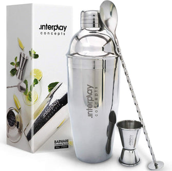 Interplay Concepts 5 Pieces Large 750ml Stainless Steel Cocktail Shaker Set With Strainer, Jigger and Mixing Spoon, Cocktail Set With Bar Accessories, Christmas gifts