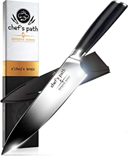 Professional Chef Knife Set by Chef's Path - 8" Ultra Sharp Japanese Santoku Kitchen Knife - German High Carbon Stainless Steel Chefs Knife with Sheath & Premium Packaging - Best Value Cooking Knife