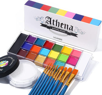 UCANBE Athena Face Body Paint Oil Palette + Translucent Setting Powder + 10PCS Brushes Set, Professional Non Toxic Face Painting Pallet Kit for Halloween SFX Cosplay Clown Makeup for Women Adults