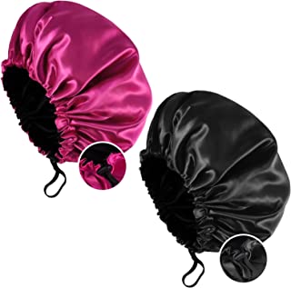 Fuyamp 2 Packs Satin Sleep Cap, Adjustable Silky Sleep Bonnet for Women Long Curly Hair, Double-Sided Waterproof Satin Hair Cap Extra Large Sleep Satin Bonnet for Women Girls Sleeping (Red+Black)