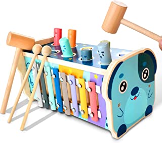 KIDWILL Wooden Hammering Pounding Toy, Educational Pegs Pound Maze Puzzle Number Sorter Musical Toy with Xylophone, Hammers, Mallets, Gift for 3 4 5 Year Old Boys and Girls