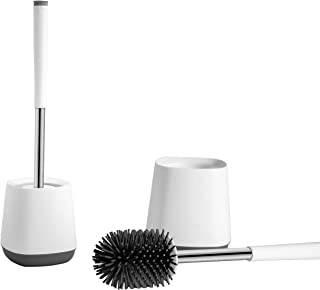 Toilet Brush with Drainage Holder Set,Flex Silicone Anti-Clog Anti-Drip Brush Head, White/Grey Colour with Stainless Steel Handle, 1-Pack