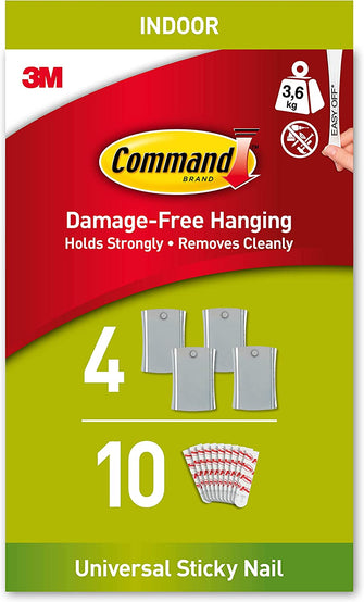 Command PH048-4 Jumbo Universal Sticky Nail, 4 Hooks 10 Adhesive Strips - Ideal to Hang Sawtooth, D-Ring or Wire-Suspended Frames Damage Free, Silver