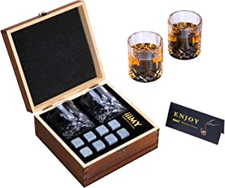 Whisky Stones and Glasses Gift Set, Whisky Rocks Chilling Stones in Handmade Wooden Box– Cool Drinks Without Dilution – Whisky Glasses Set of 2, Gift for Dad, Husband, Men