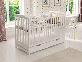 JACOB Wooden Baby Cot Bed 120x60cm FREE Deluxe Aloe Vera Mattress, Safety Wooden Barrier & Teething Rails (White)