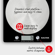 Salter 1036 BKSSDR Disc Electronic Scale, Seen on TV, Stylish Slim Design, Home & Kitchen Cooking, Spun Stainless Steel Platform, Add & Weigh, Measures Liquids & Fluids, 5 KG Max Capacity Black/Chrome