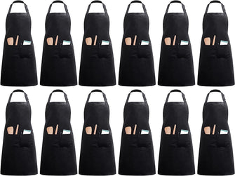 InnoGear Aprons 12 Pcs Chef Aprons with 2 Pockets Unisex Adjustable Men Aprons Women Aprons for Home Kitchen, Restaurant, Coffee house (Black Polyester)