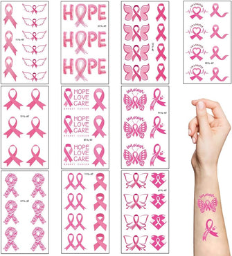 Pink Ribbon Temporary Tattoos,10 Sheets Fake Waterproof Breast Cancer Awareness Tattoo Stickers for Women Girls Party Fundraising Event