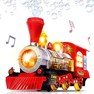 Bubble Blowing Toy Train with Lights and Sounds - Includes 5oz Bubble Solution and Plastic Funnel - Moving Steam Locomotive for Kids for Boys and Girls