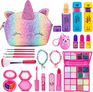 Kids Makeup Set for Girls, Washable Cosmetics Kit with Unicorn Makeup Bag, Hair Chalks, Makeup Palette, Birthday for Little Girl Princess