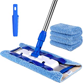 MR.SIGA Professional Microfibre Mop for Hardwood, Laminate, Tile Floor Cleaning, Stainless Steel Telescopic Handle - 3 Reusable Microfibre Cloths and 1 Dirt Removal Scrubber included