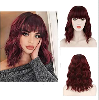 M MUNCASO Wine Heat Resistant Full Head Replacement Curly Wig with Free Cap for Daily Use Halloween Cosplay Costume Party for Women, Synthetic, Human Hair, Dark red, 36 cm (Pack of 1)