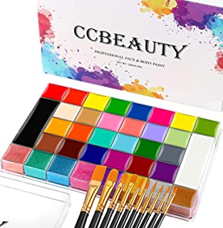 CCbeauty Professional Face Paint Kit with Brushes 36 Colors(22 Regular,8 Metallic and 6 Glow Color) Halloween Neon Body Paint Oil Based SFX Cosplay Large Black White Face Painting Palette