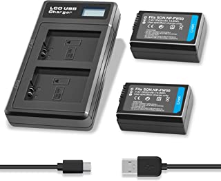 2-Pack 2000mAh NP-FW50 Replacement Batteries and Dual LED Display Battery Charger for Sony Alpha A6500 A6400 A6300 A6000 A7, A7II, A7R, A7RII, A7S, A7SII, A7S2 NEX-3/5/7 Series Camera