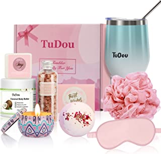 Birthday Pamper Gifts for Women, Relaxing Spa Bath Set for Her, Mum Wellbeing Pamper Hamper with Wine Tumbler, Bath Bomb, Bath Salt, Soap, Candle, Body Butter, Sleep Mask, Bath Sponge and Gift Card