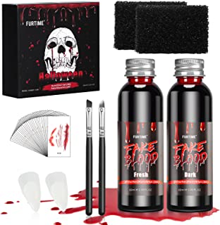FURTIME Halloween Fake Blood Gel 2oz (60ml) Fake Blood Makeup Set Realistic Fake Blood Liquid for Clothes Stage Blood Red Face Paint with Vampire Fangs, 30 Sheets Halloween Temporary Tattoo Stickers