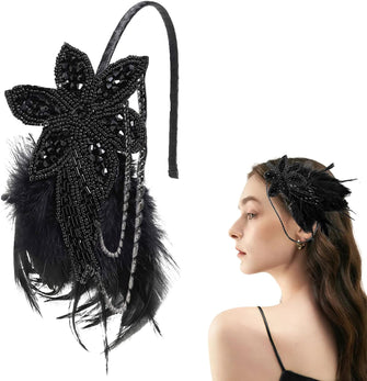 MIVAIUN Elegant Feather Beaded Headband, Vintage 1920s Headpiece, Black Flapper Headband, Crystal Flapper Headpiece, Gatsby Costume Accessories for Women, Wedding (Style A)