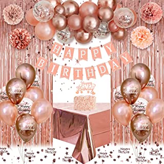 Birthday Party Decorations for Girl, Rose Gold Birtday Balloons, Happy Birthday Banner, Paper Pompom, Latex Confetti Balloons, Rose Gold Cake Topper, Curtain Foil Tablecloth for women baby