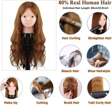 SZCY LLC 23.5 inch 80% Real Human Hair Training Head Cosmetology Make-up Hairdressing Mannequin Manikin Doll Head with Table Clamp Holder + DIY Hair Styling Braid Set, Light Brown