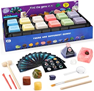 IKUPER Mega Gemstone Dig Kit with 12 Gems Blocks- Dig Up Real Gemstones with Excavation Kit, Gem Digging Kit for Kids with Mining Tool, STEM Science Educational Toys Gifts for Boys & Girls