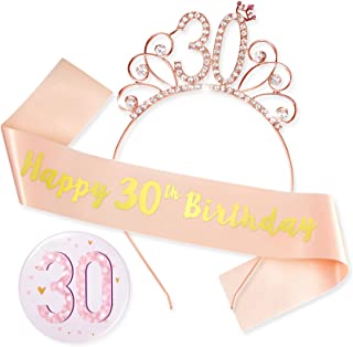 Juexica 3 Pieces 30th Rose Gold Birthday Decorations Set 30th Birthday Badge Happy 30th Birthday Sash Rose Gold Birthday Crown for 30 Birthday Present Party Accessories Girls Women