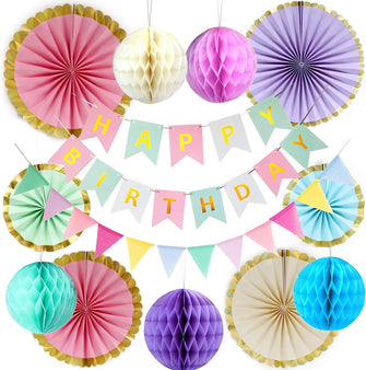 Pastel Birthday Party Decorations,Macaron Happy Birthday Banner,Bunting,Hanging Paper Fans, Pom Poms,Honeycomb Decorations Set For Girls And Womens