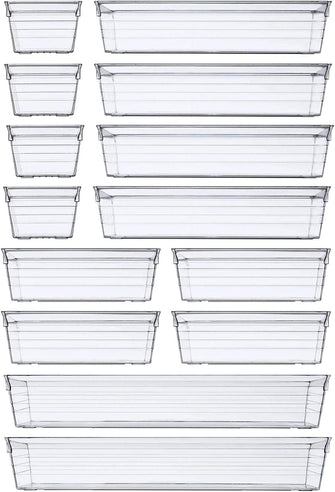 14 PCS Clear Plastic Drawer Organisers Tray for Makeup, Kitchen Utensils, Jewelries and Gadgets