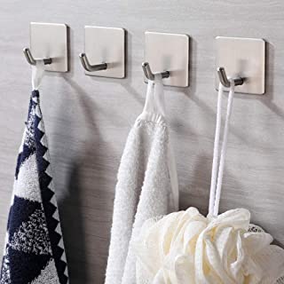 JS Self Adhesive Hooks, Stick on Hooks Holder for Tea Towel Robe Coat Kitchen Bathrooms,Stainless Steel Sticky Wall Hooks,Waterproof and Rustproof, 4 Pack