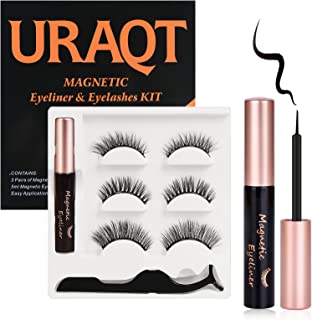 URAQT Magnetic Eyelashes with Eyeliner Kit, 3 Pairs Reusable 3D False Eyelashes, Waterproof Magnetic Liquid Eyeliner, Natural Look Magnetic Lashes for Makeup Eyelashes Extension