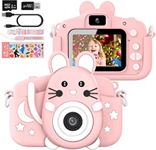 Kids Camera with Silicone Case, 20.0MP Rechargeable Kids Digital Dual Camera with 2.0 Inch IPS Screen 1080P Video Camcorder, 32GB SD Card, Selfie Childrens Camera Toy for Boys & Girls Age 3-12, Pink