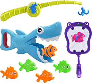 INvench 9 Pcs Fun Bath Toys - Fishing Games Shark Grabber Bath Toys with Fish Net Bathtub Toy Baby Kids Bath Toys for 2 3 4 Years Olds