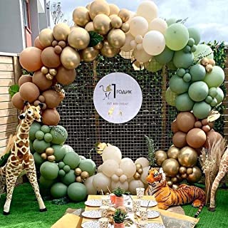 Jungle Safari Balloon Arch Kit, Safari Party Decorations Sage Green Balloon Garland Kit Green Balloons Coffee and Gold Balloons for Wild One 1st Birthday Decorations, Baby Shower Decorations (Green)