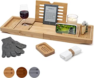 Temple Spring Bath Caddy - Extendable Bath Tray for Bathtub with Candle, Wine Glass, Book, iPad & Phone holders - Adjustable Bath Table shelf over tub with bathroom accessories - (Bamboo Natural Wood)