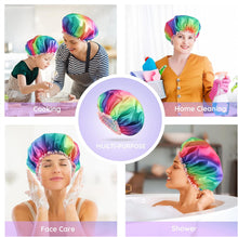 mikimini Reusable Shower Cap for Women and Girls, Washable, Travel Packable, Waterproof Hair Cap, Soft PEVA Lining, Fashionable Flower Printed Shower Cap M 1 Pack, Rainbow