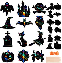 CHRORINE 24Pcs Halloween Theme Scratch Paper Kit 12 Styles Scratch Art Paper Pumpkin Bat Craft for Halloween Party Supplies