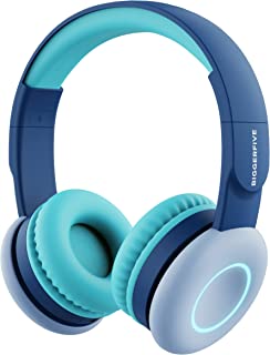 BIGGERFIVE Kids Wireless Headphones, 7 Colorful LED Lights, Kids Bluetooth Headphones with Microphone, 85dB/94dB Volume Limited, Foldable On Ear Heaphones for Kids/Boys/Girls/Fire Tablet/Ipad, Blue