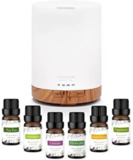 ASAKUKI 300ml Aromatherapy Oil Diffuser with 6Pcs*10ml Pure Essential Oil Gift Set, Cool Mist Essential Oil Diffuser with 4 Timer Setting, 15 Colour Lights, Auto Shut-Off